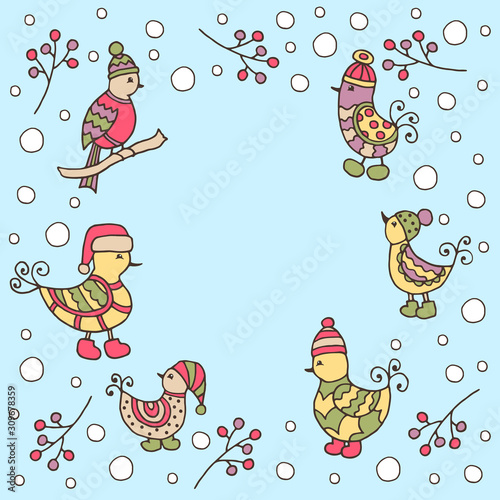 Blue frame with birds in winter hats
