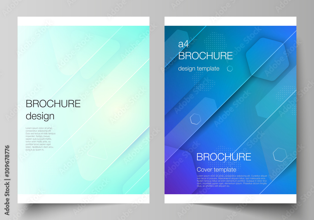 Fototapeta premium Vector layout of A4 format modern cover mockups design templates for brochure, magazine, flyer, booklet. Futuristic technology design, colorful backgrounds with fluid gradient shapes composition.