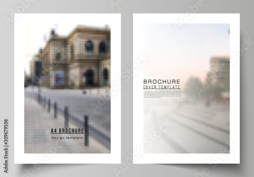 Vector layout of A4 cover mockups design templates for brochure, flyer, booklet, cover design, book design, brochure cover. Abstract halftone effect decoration with dots. Dotted pattern decoration.
