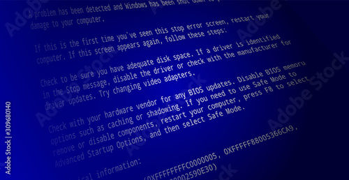 Blue screen of death. BSOD Screen computer monitor. Dark background.