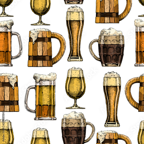 seamless pattern with different beer glasses and mugs