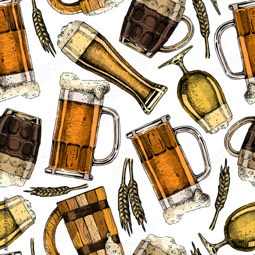 seamless pattern with different beer glasses and mugs