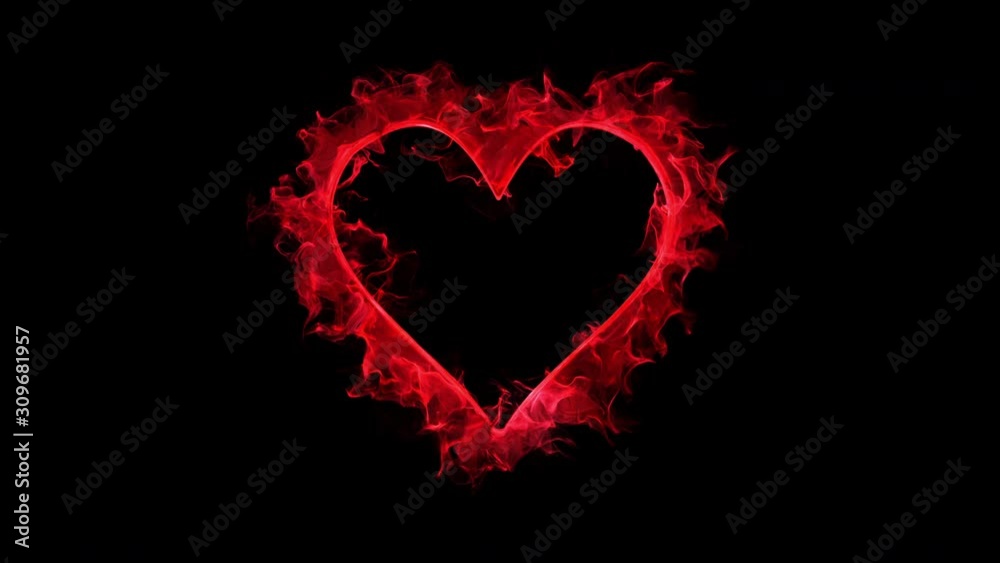 Red color burning heart shape Valentine's Day love card. Vivid colored smoke flame. Romantic lovely logo and copy space animation. Isolated on black alpha copyspace 4k 60fps