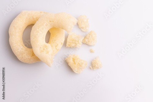 Brazilian biscuits. Fine tapioca powder cookie. Manioc starch biscuit, "biscoito de polvilho" in portuguese, a traditional dish in Brazil. Isolated on white background, copy space