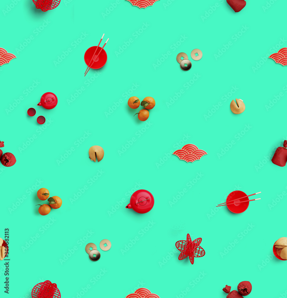 Happy Chinese new year seamless pattern. Flat lay traditional Chinese elements on green background. 3d rendering illustration. Happy Chinese new year seamless pattern. Flat lay traditional Chinese elements on green background. 3d rendering illustration.