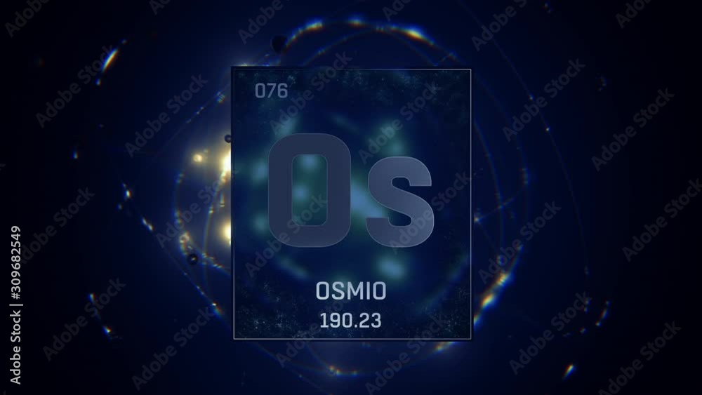 Osmium as Element 76 of the Periodic Table. Seamlessly looping 3D animation on blue illuminated atom design background with orbiting electrons. Name, atomic weight, element number in Spanish language Osmium as Element 76 of the Periodic Table. Seamlessly looping 3D animation on blue illuminated atom design background with orbiting electrons. Name, atomic weight, element number in Spanish language