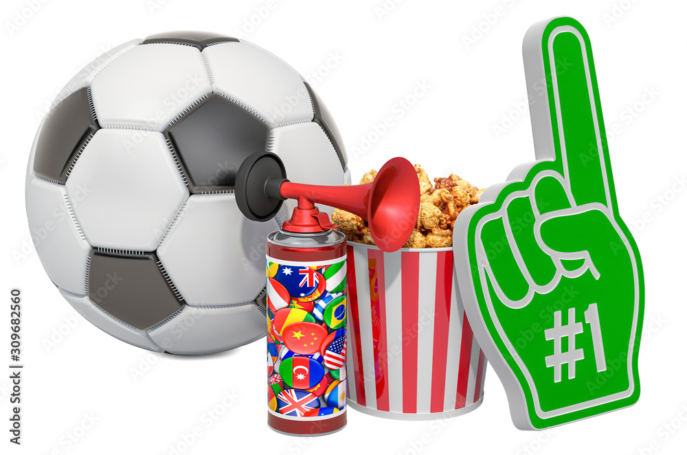 Soccer fan supporters accessories, concept. glove, air horn and popcorn container. 3D Stock Illustration | Adobe Stock
