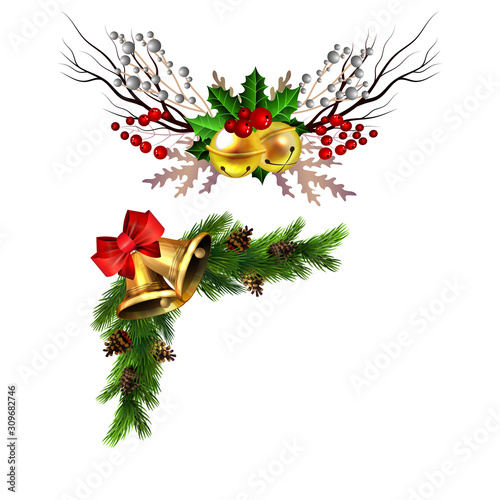 Christmas decorations with fir tree golden jingle bells