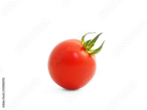  Round red tomato with sepals isolated on white background