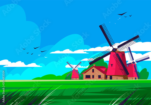 Vector illustration of Dutch rural landscape, with mills and house