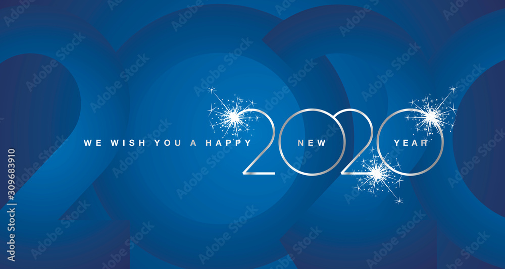 Życzymy szczęśliwego Nowego Roku 2020 fajerwerków srebrny nowoczesny design światła typografia numery niebieska kartka z życzeniami <span>plik: #309683910 | autor: simbos</span>