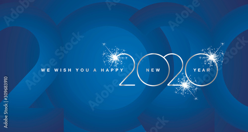 Plakat Życzymy szczęśliwego Nowego Roku 2020 fajerwerków srebrny nowoczesny design światła typografia numery niebieska kartka z życzeniami