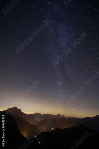 Night sky over the Dolomites, Italy, Europe. On exposure shot