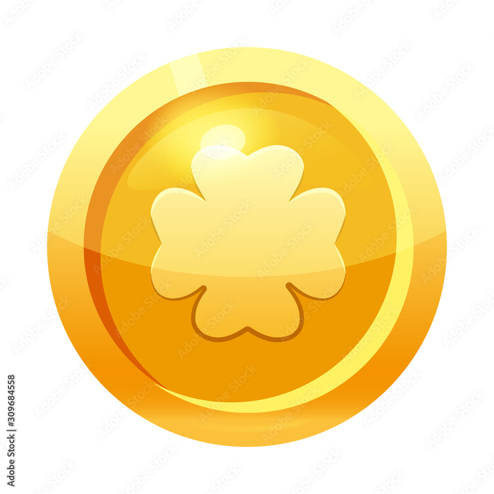 Game coin gold with clover leaf symbol, icon, game interface, gold metal Game coin gold with clover leaf symbol, icon, game interface, gold metal