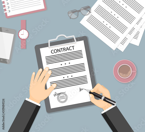 signing contract with mobile phone, glasses, wristwatch and coffee