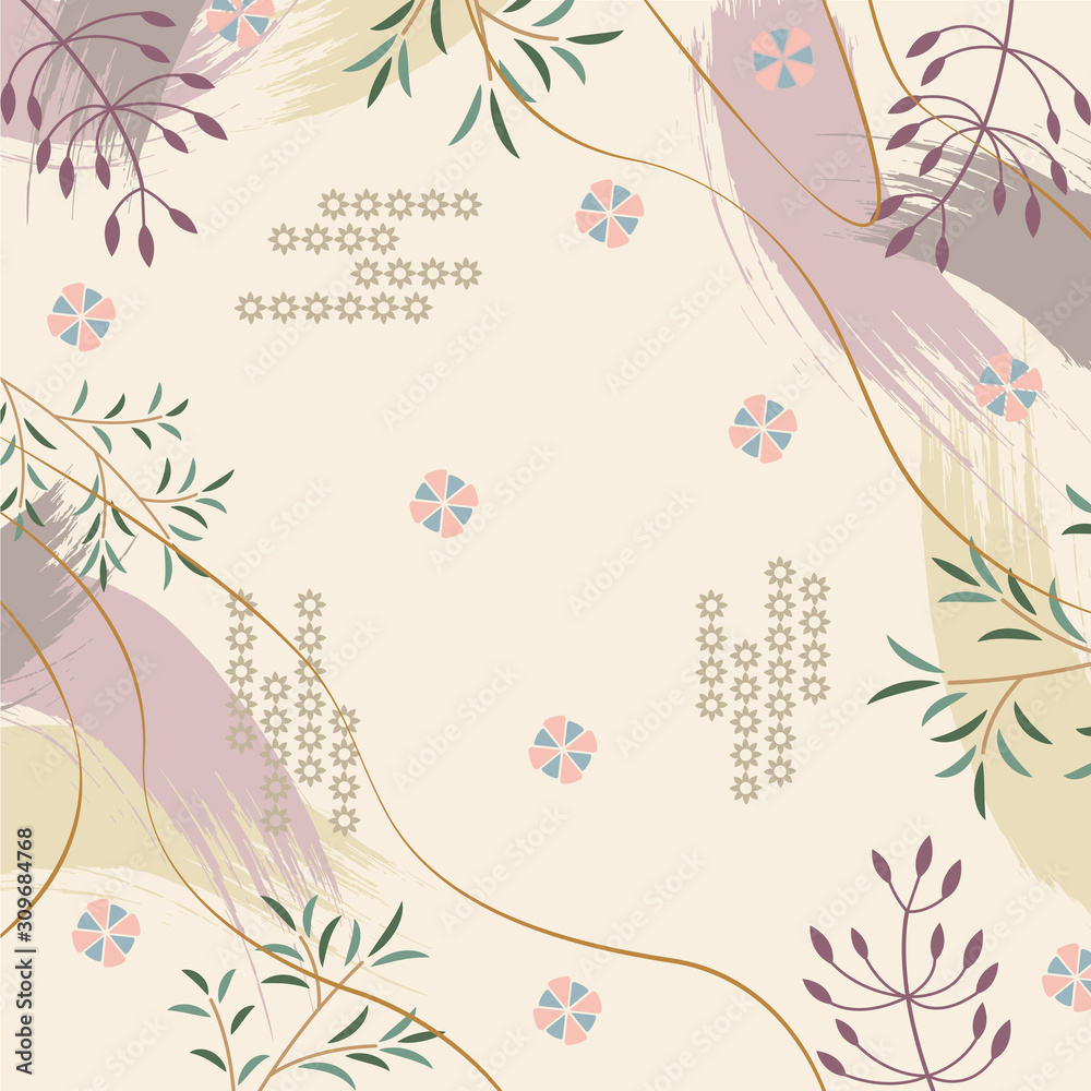 Minimal abstract floral pastel background. Silk scarf pattern design with floral abstract style.