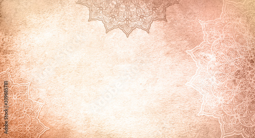 Light golden earthy textured watercolor background with mandalas