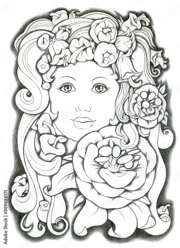 Decorative portrait of a girl with flowers in her hair. Linear hand drawing in black pencil. Suitable for print, postcard, poster, cover, magazine. Stock illustration. Decorative portrait of a girl with flowers in her hair. Linear hand drawing in black pencil. Suitable for print, postcard, poster, cover, magazine. Stock illustration.