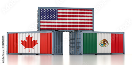 NAFTA - Freight container with USA, Canada and Mexico national flag - 3d Rendering photo