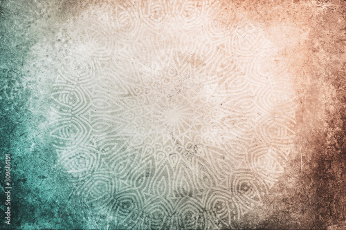 Warm earthy teal and orange brown textured watercolor background with hand drawn mandala