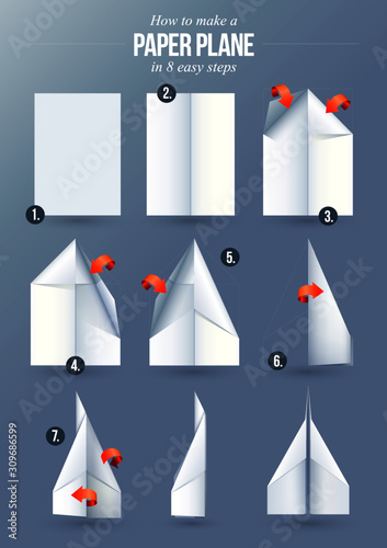 Instructions how to make a paper plane in 8 easy steps - with simple typography, beautiful illustrations with soft shadows