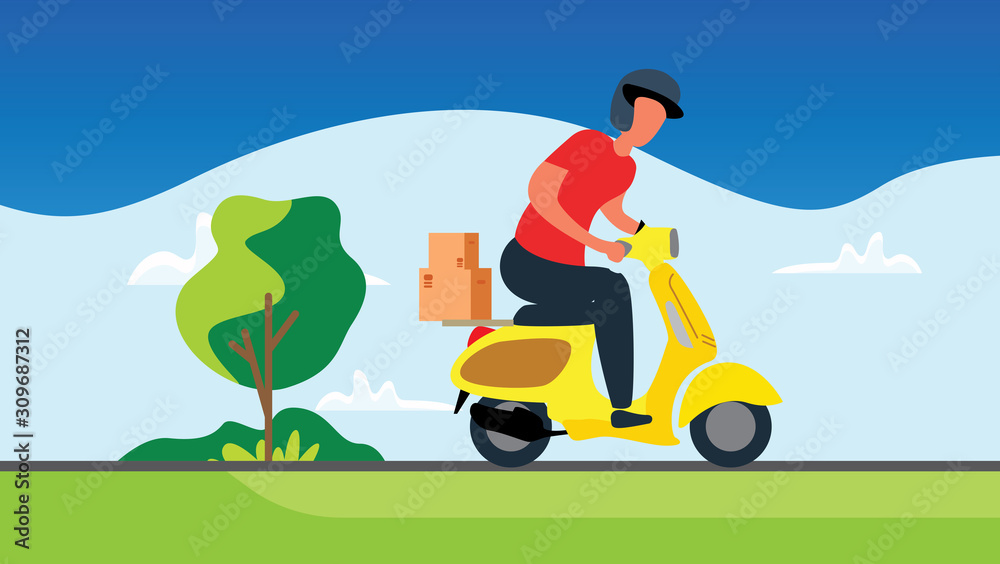 Food service. Fast and free delivery by scooter. Vector cartoon illustration. .