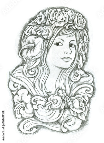 A girl in a wreath of flowers  pencil drawing for design of postcards  covers. Coloring.