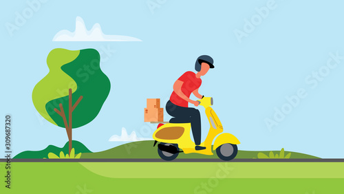 Food service. Fast and free delivery by scooter. Vector cartoon illustration. .