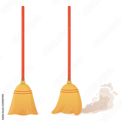 Cartoon broom set. A broom sweeps dust and dirt. Equipment and tools for cleaning the element isolated on a white background. Household, cleaning services, housewives,concept. Vector illustration.