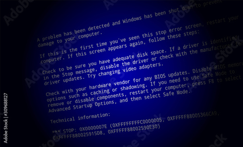 Blue screen of death. BSOD Screen computer monitor. Dark background.