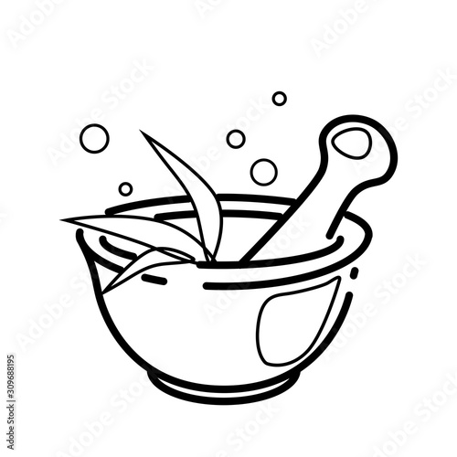 mortar and pestle cartoon line icon. Spa, wellness, chemistry, pharmaceutical concept pictogram for social media design. Nature Health care Vector isolated object white background. Cosmetic symbol