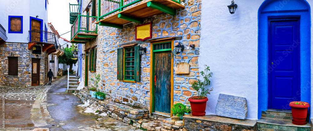 Typical streets of old traditional villages of Greece - Alonissos island, Chora village. Sporades