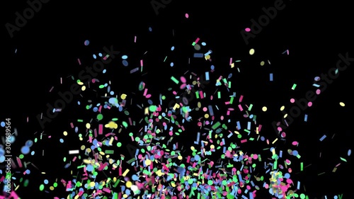 Multicolored confetti explosion with alpha chanel. 3d color realistic party holiday confetti on black background. 4k animation footage.