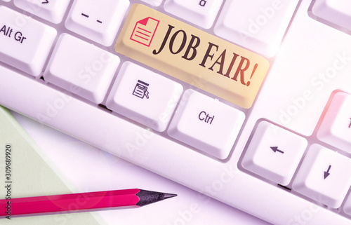 Conceptual hand writing showing Job Fair. Concept meaning event in which employers recruiters give information to employees photo