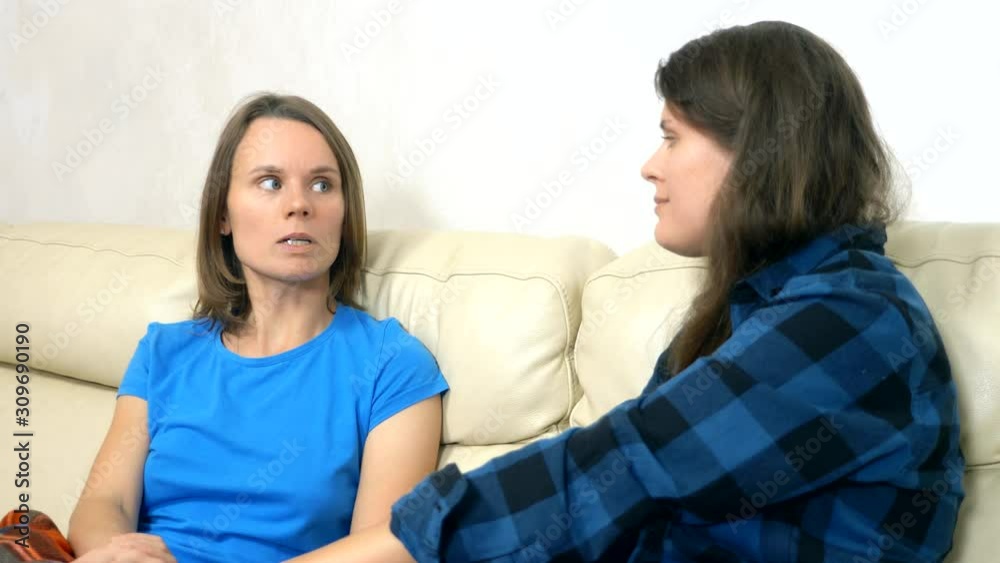 family lesbian couple talking together while sitting on sofa at home family lesbian couple talking together while sitting on sofa at home