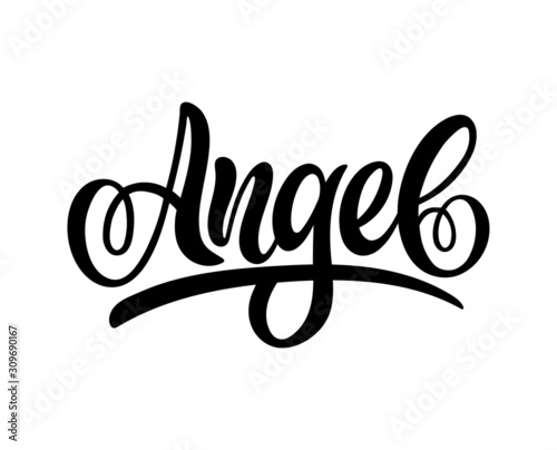 Vector lettering illustration of "Angel" text for clothes. Lucky for badge, tag, icon, print. Inspirational quote. Calligraphic background. Celebration typography poster.