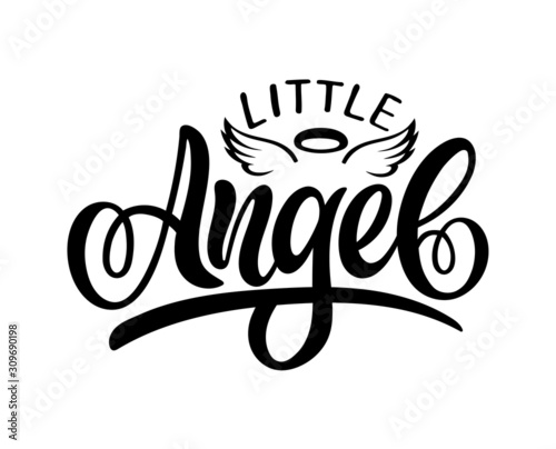 Slika na platnu Vector lettering illustration of  little Angel with wings and nimbus text for kids clothes