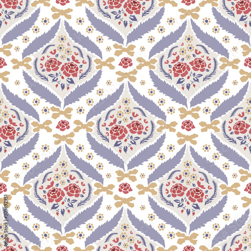 Hand drawn arabesque floral paisley damask illustration. Seamless vector pattern all over print. Traditional persian indian flower foulard drop motif. Decorative stylized shawl fashion, home decor.