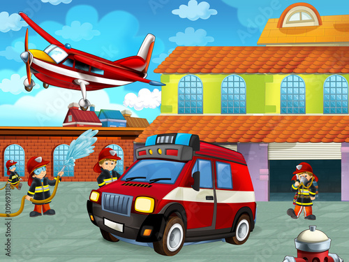 cartoon scene with fireman car vehicle on the road near the fire station with firemen - illustration for children © honeyflavour