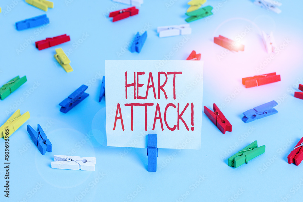 Writing note showing Heart Attack. Business concept for sudden occurrence of coronary thrombosis resulting in death Colored clothespin papers empty reminder blue floor officepin Writing note showing Heart Attack. Business concept for sudden occurrence of coronary thrombosis resulting in death Colored clothespin papers empty reminder blue floor officepin
