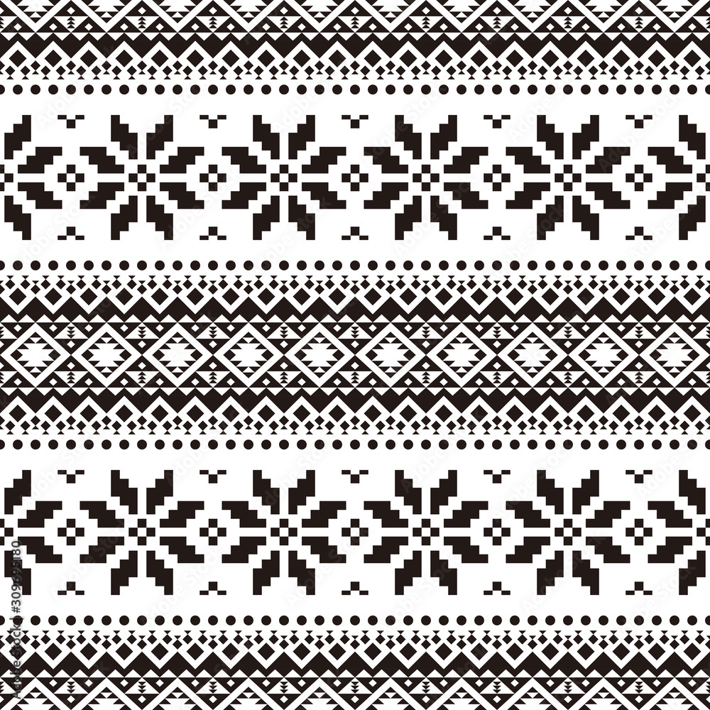 Knitted Christmas Ethnic pattern on white background. Ornament. Border. Seamless sample. It can be used as a background. Vector illustration