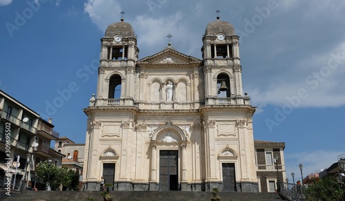 Zafferana Etnea town, Province of Catania, Sicily. Fachade of the exterior of the Cathedral Church, consecrated to Madonna della Provvidenza (Our lady of Providence), the comune patron saint. photo