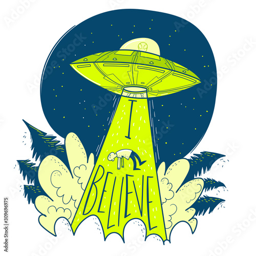 UFO abducts human. Space ship UFO ray of light in the night sky. Vector