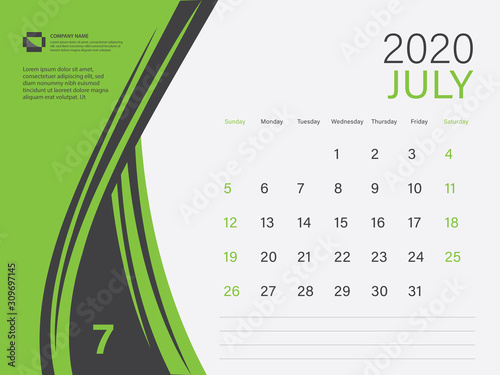 Calendar 2020 design Vector, Desk Calendar 2020 template, JULY, Green concept, Week Start On Sunday, Planner, Stationery, Printing, Size : 8 x 6 inch photo