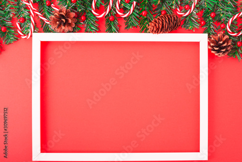 Happy New Year and Christmas day, top view flat lay composition decoration tree fir and photo frame