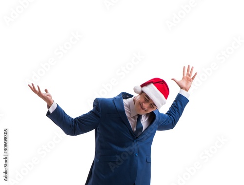 Young busnessman wearing santa hat in christmas concept on white
