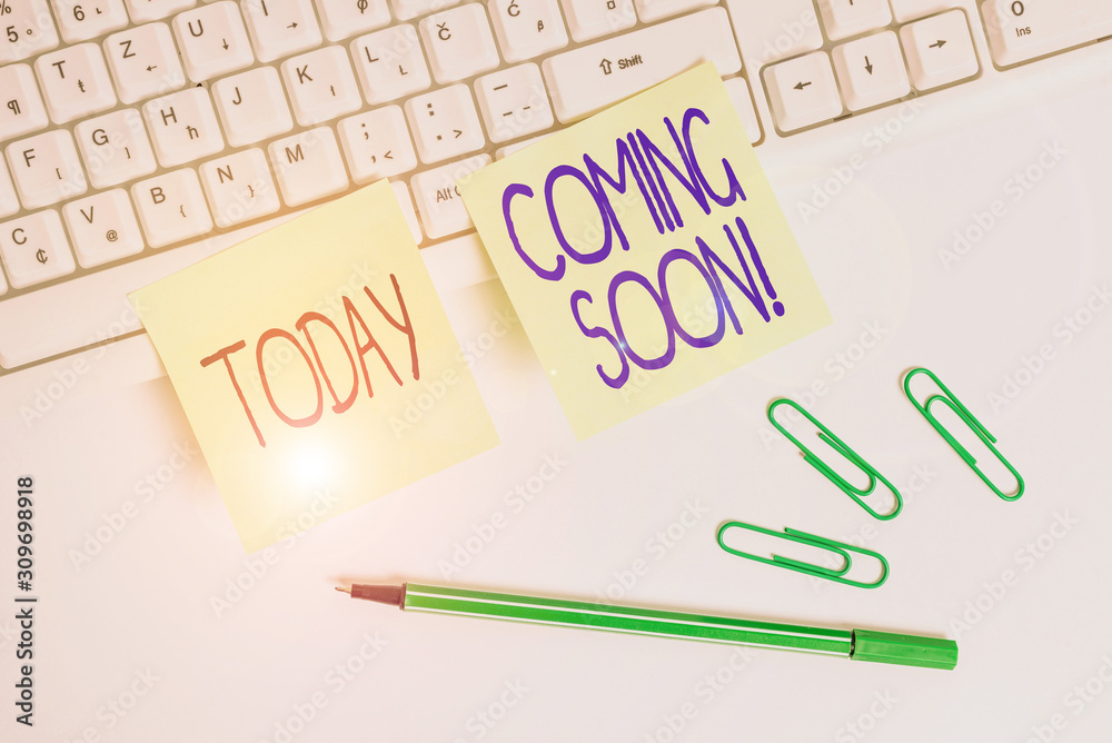 Word writing text Coming Soon. Business photo showcasing event or action that will happen after really short time Square green note paper with pencil on the white background Word writing text Coming Soon. Business photo showcasing event or action that will happen after really short time Square green note paper with pencil on the white background