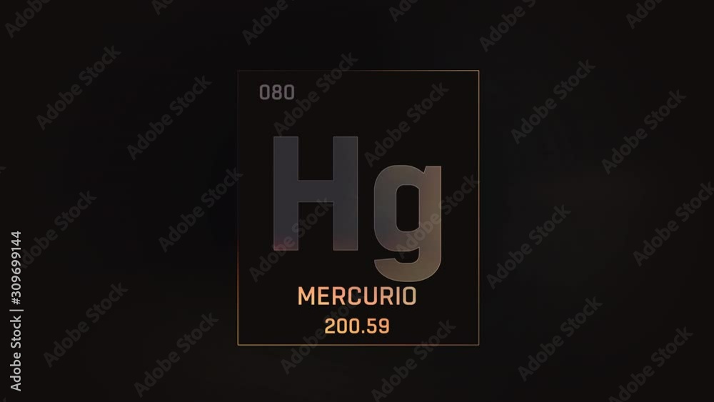 Mercury as Element 80 of the Periodic Table. Seamlessly looping 3D animation on grey illuminated atom design background with orbiting electrons. Name, atomic weight, element number in Spanish language Mercury as Element 80 of the Periodic Table. Seamlessly looping 3D animation on grey illuminated atom design background with orbiting electrons. Name, atomic weight, element number in Spanish language