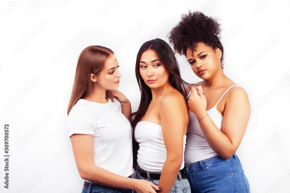 diverse multi nation girls group, teenage friends company cheerful having fun, happy smiling, cute posing isolated on white background, lifestyle people concept, african-american, asian and caucasian