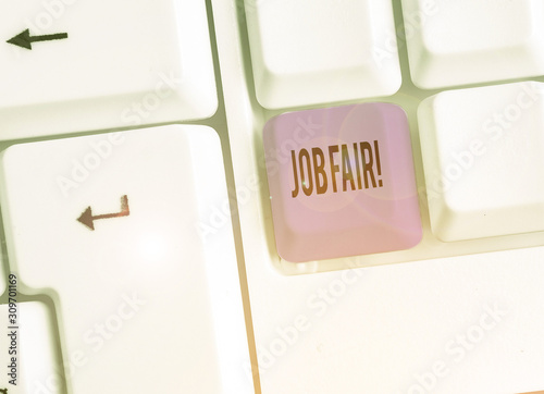 Text sign showing Job Fair. Business photo text event in which employers recruiters give information to employees photo